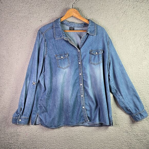 VTG Faded Glory Denim Shirt 3X Pearl Snap Roll Tab Western Y2K Cotton Side Slits - Picture 14 of 16
